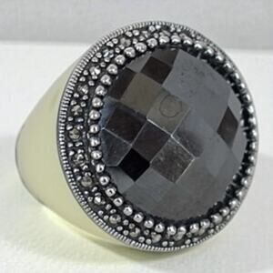 Large Vintage Hematite Marcasite Enamel Ring Statement Cocktail Size 6.75